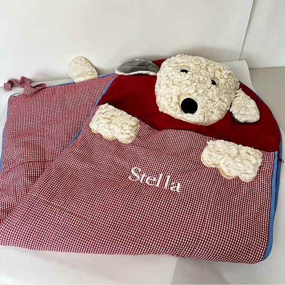 Pottery Barn Kids Red White Blue Gingham Sleeping Bag Shaggy Dog Pup Checkers - Picture 4 of 16